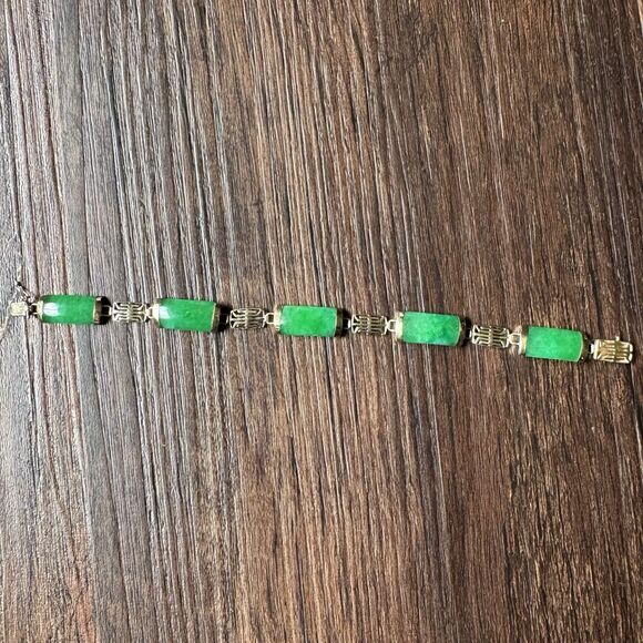Vintage 14K SOLID GOLD and Green Jadeite Panel Link Bracelet 9.3g, 14kt Yellow - Picture 11 of 16